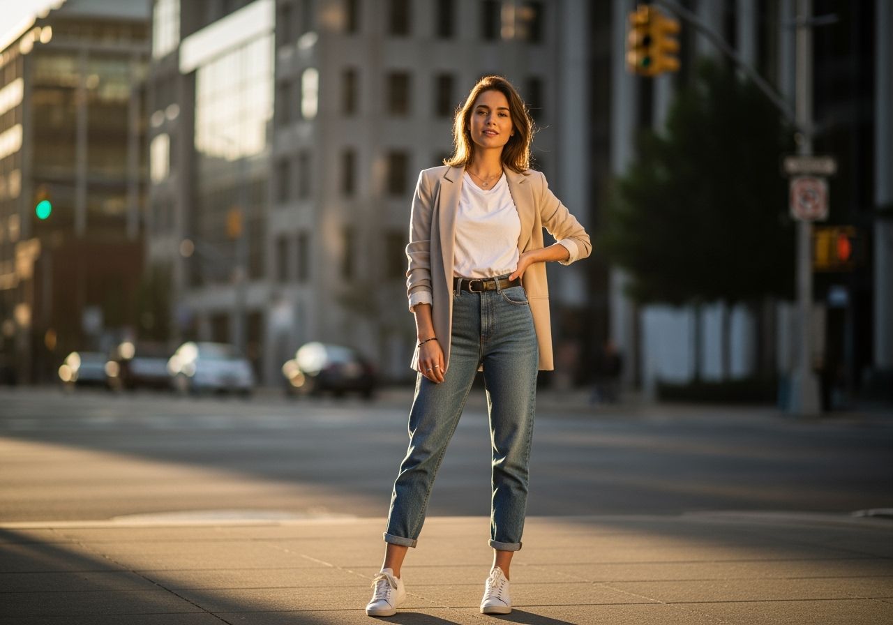 Młoda kobieta w boyfriend jeans, białej koszulce i beżowej marynarce stoi na ulicy w miejskim świetle.