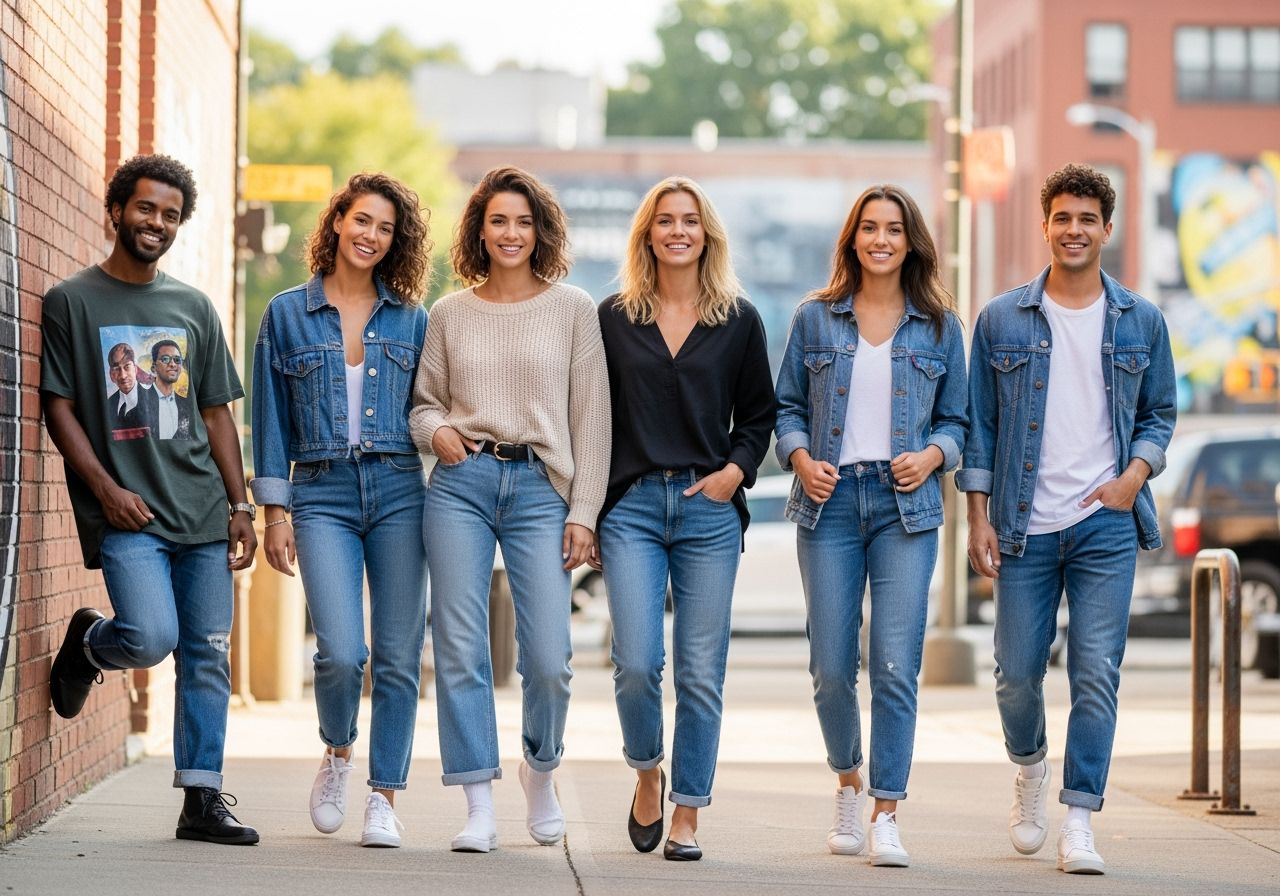 Grupa młodych osób w boyfriend jeans na zewnątrz, w miejskim tle, w naturalnym świetle, w swobodnych pozach.