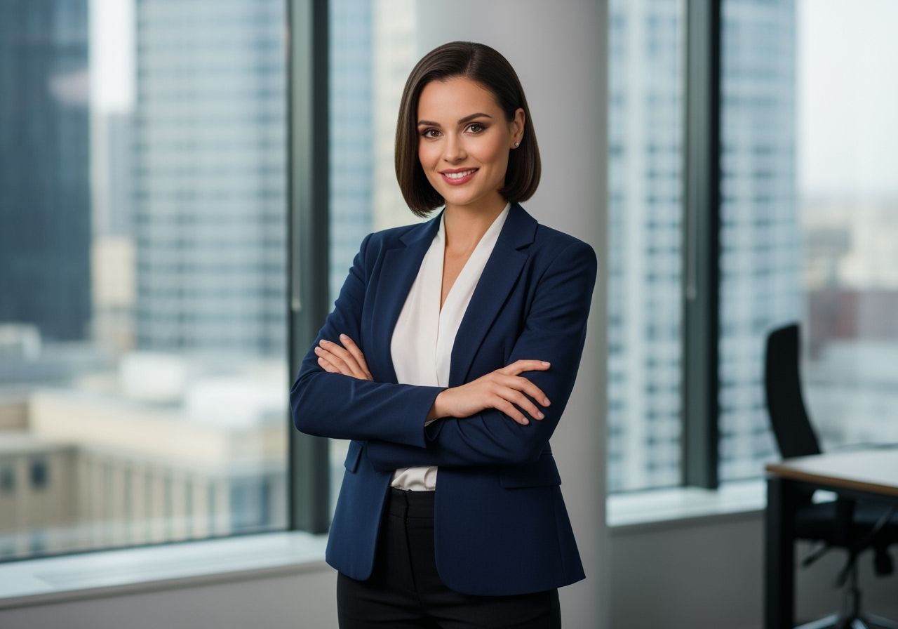 Profesjonalna bizneswoman w granatowej marynarce i białej bluzce stoi w nowoczesnym biurze