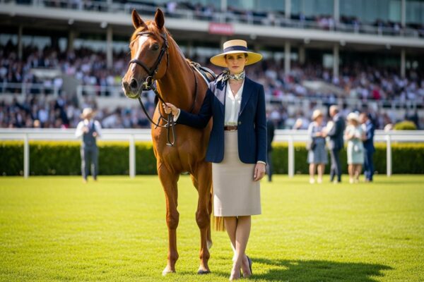 Elegancka kobieta w granatowej marynarce z kapeluszem obok konia na wyścigach w słoneczny dzień