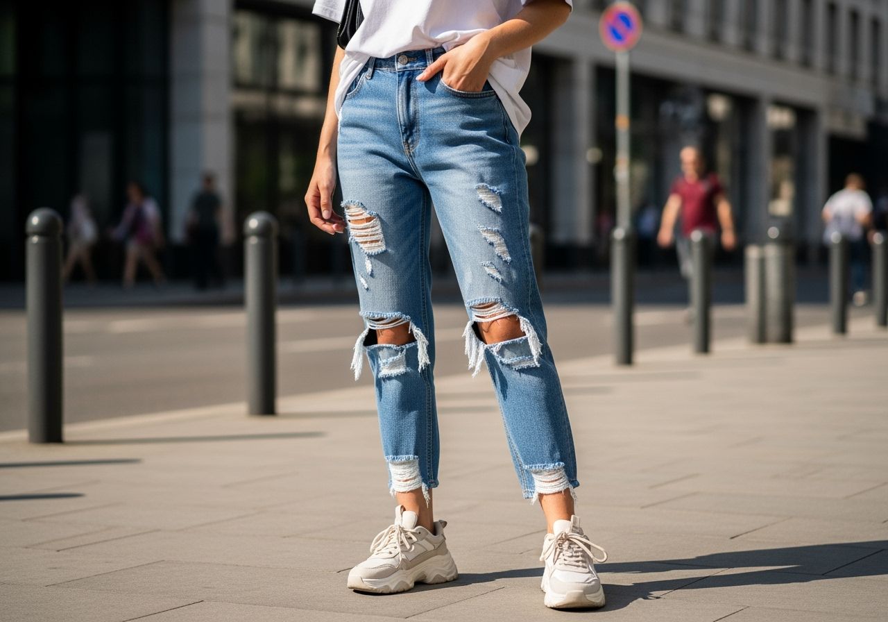 Młoda kobieta na miejskiej ulicy w podniszczonych jeansach boyfriend, białym t-shircie i sportowych butach