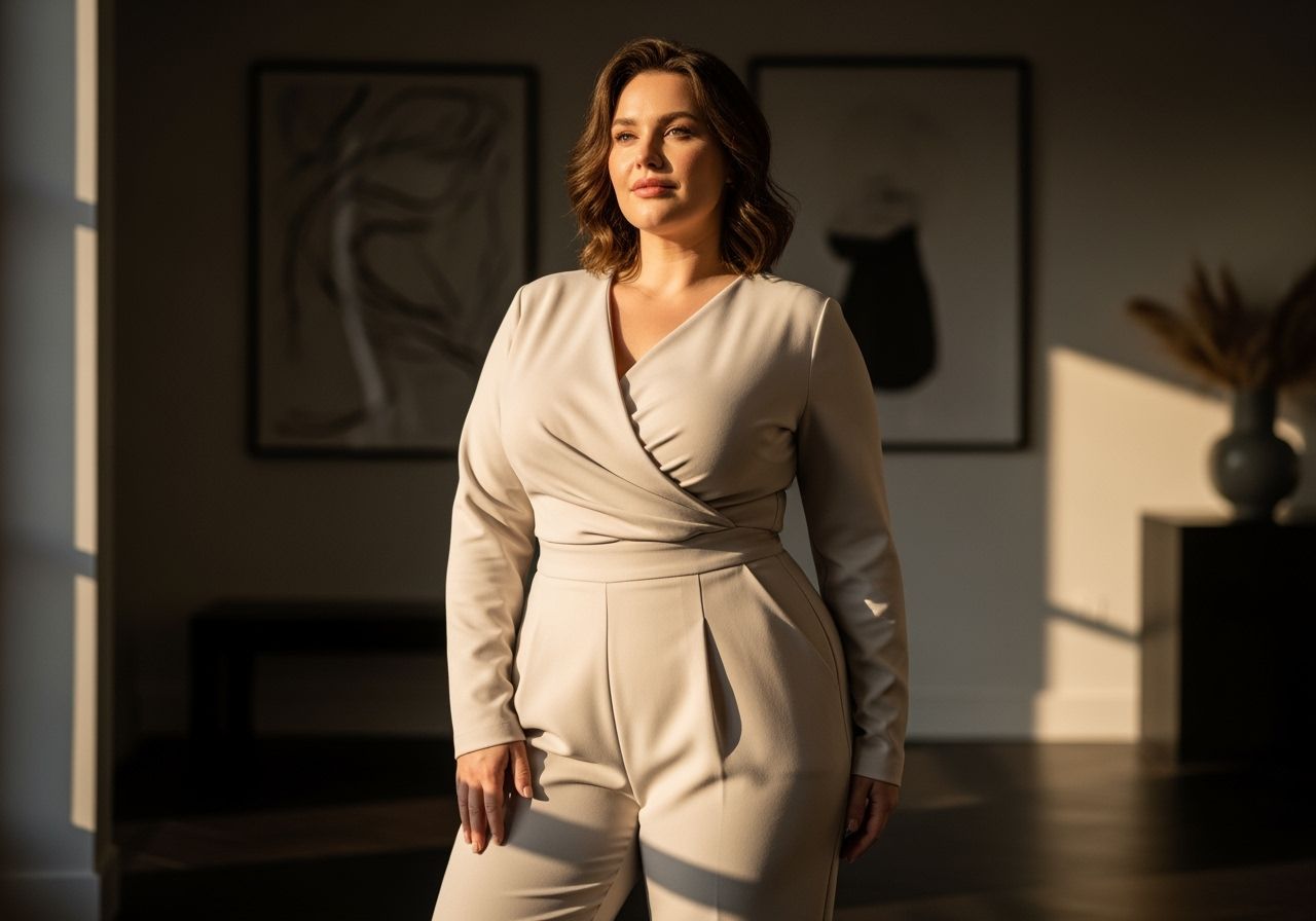 Pełnometrażowy portret pewnej siebie plus size kobiety w eleganckim, wyszczuplającym stroju w nowoczesnym wnętrzu.