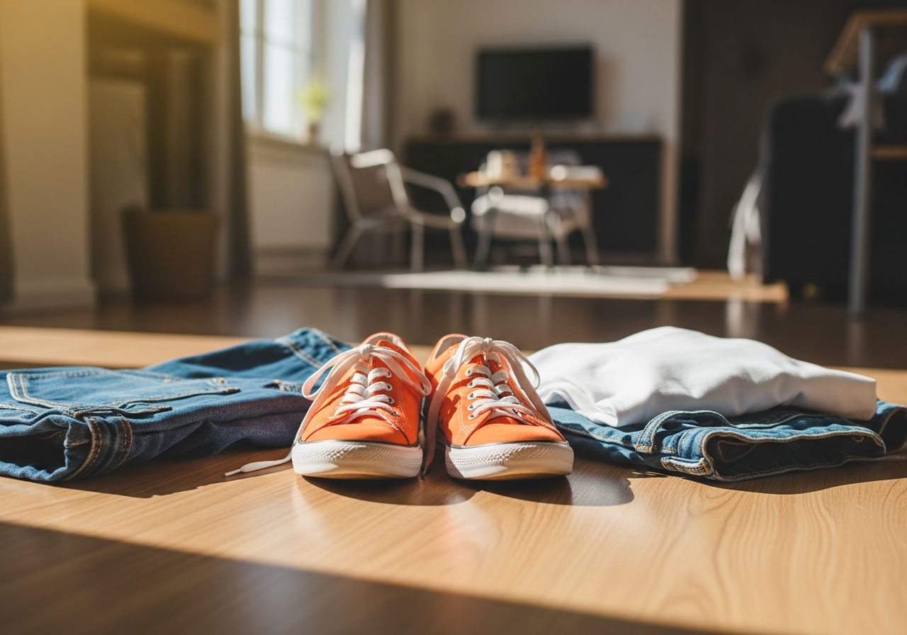 Pomarańczowe sneakersy na drewnianej podłodze obok dżinsów i białej koszulki w nowoczesnym wnętrzu.