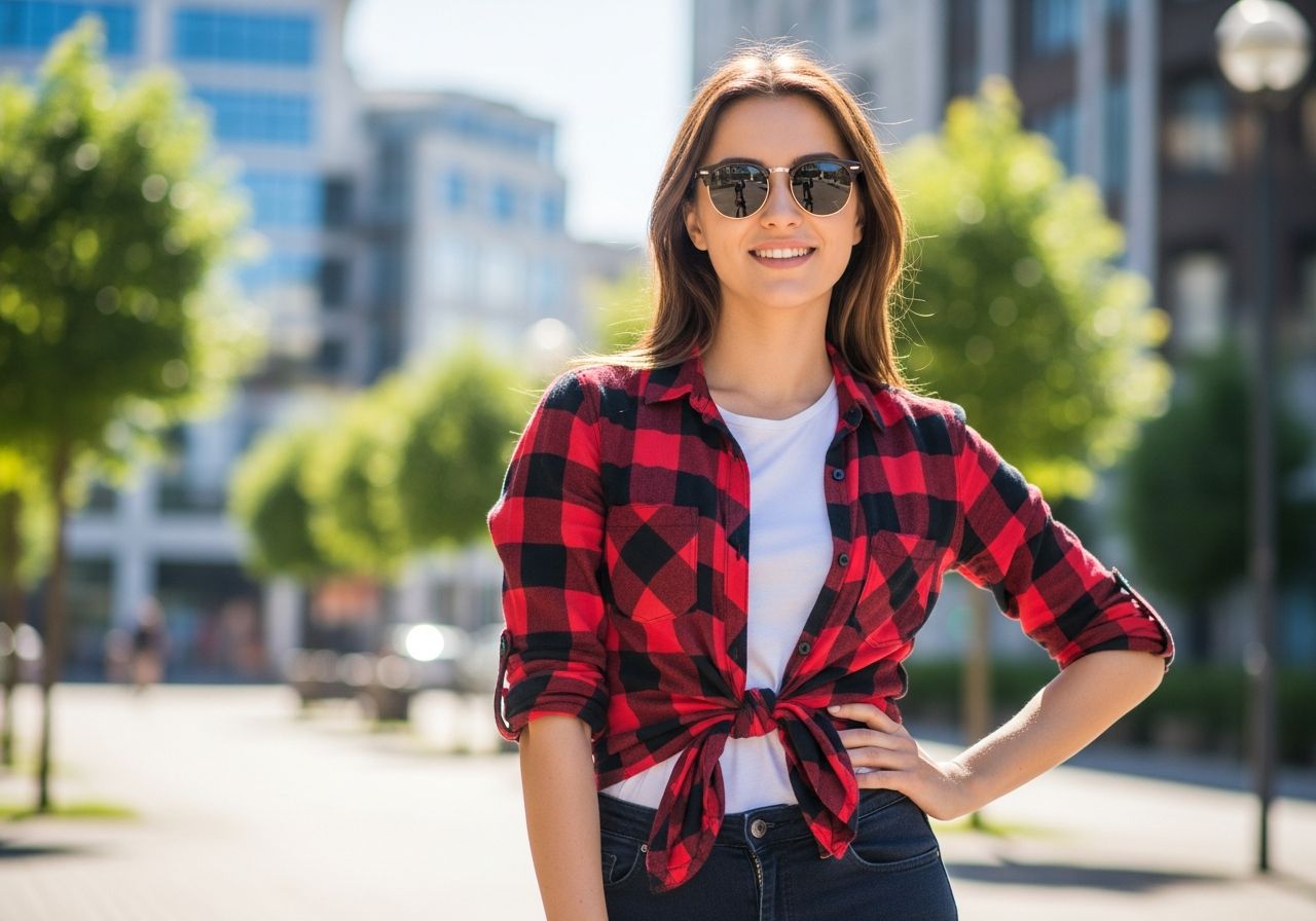 Młoda kobieta w czerwono-czarnej koszuli w kratę i białym t-shircie na tle miejskiego krajobrazu