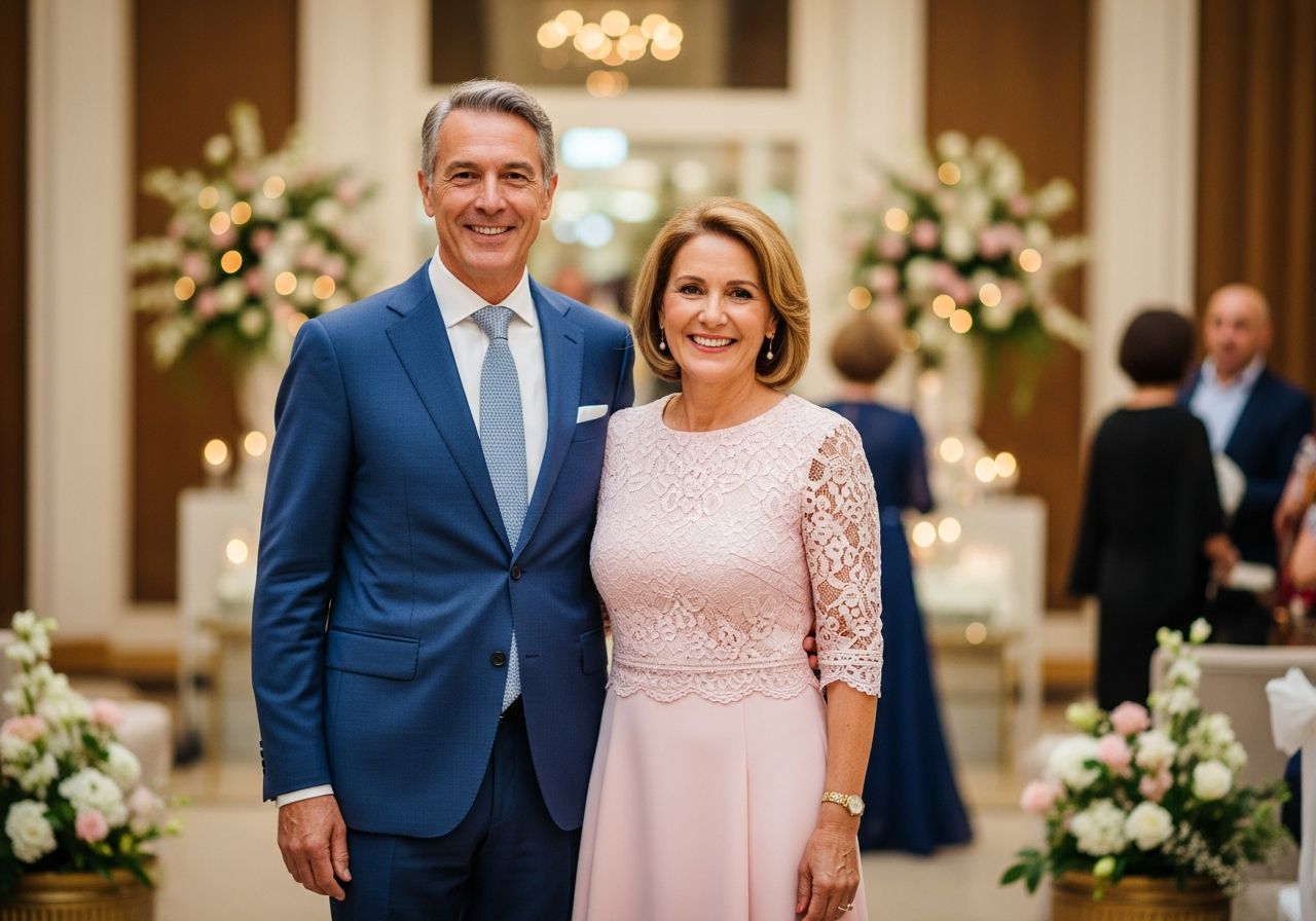 Elegancka para w wieku średnim na przyjęciu rocznicy ślubu w stylowym, jasnym wnętrzu.