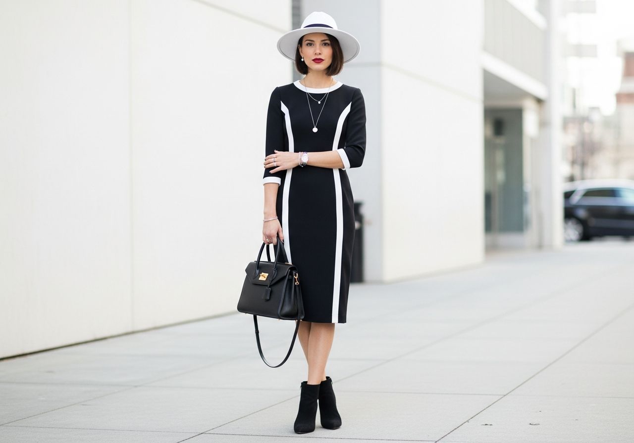 Stylowa kobieta w czarno-białej sukience i dodatkach w miejskim minimalistycznym otoczeniu.