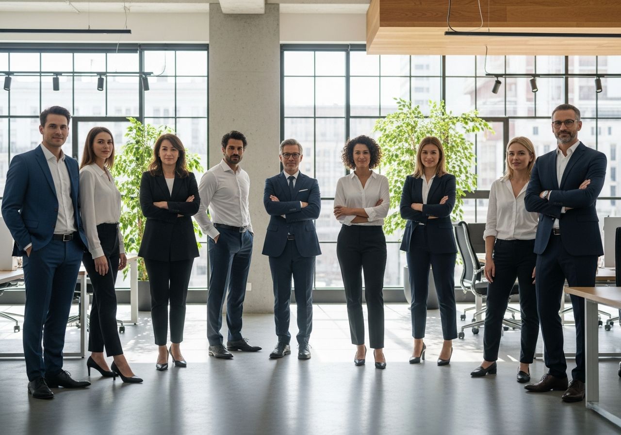 Zespół biznesowy w nowoczesnym biurze z naturalnym światłem, ubrani w smart casual i formalne stroje