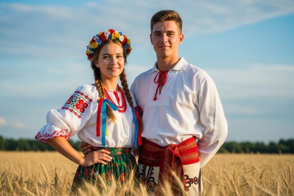 Młoda para w tradycyjnych strojach dożynkowych na tle złotego pola pszenicy i błękitnego nieba