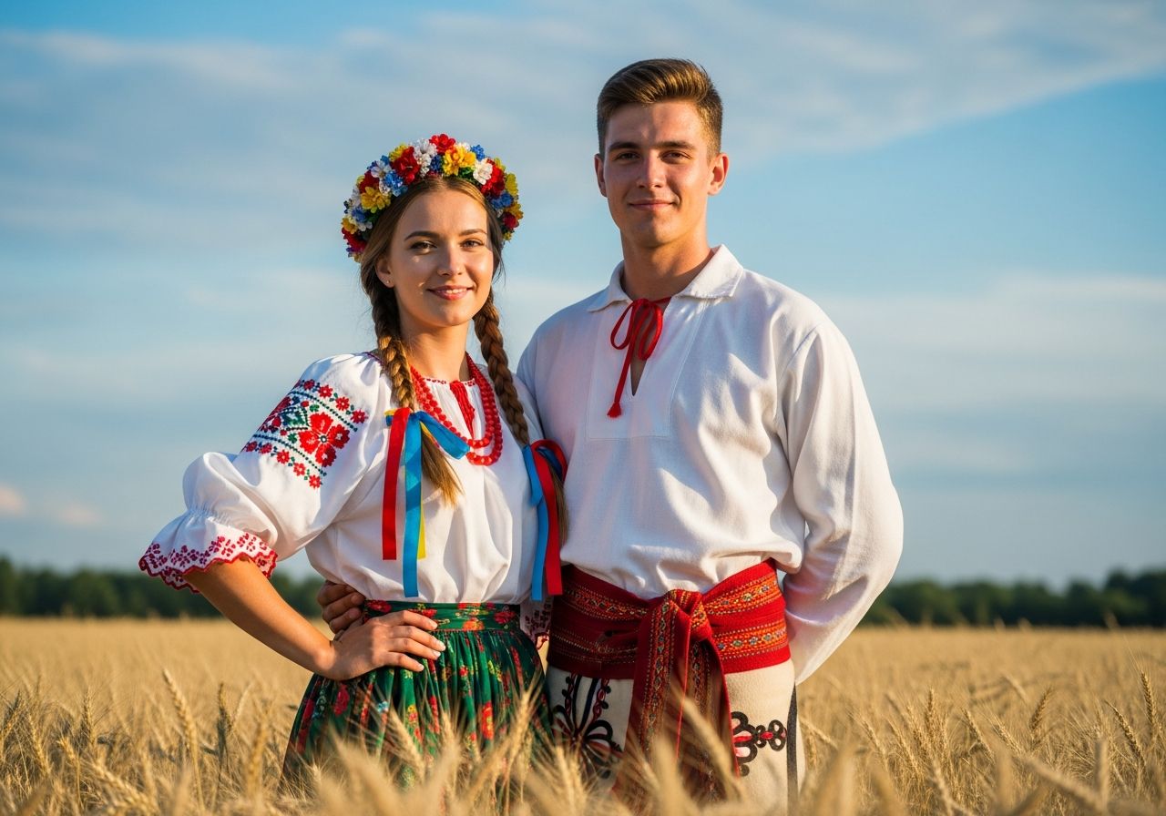Młoda para w tradycyjnych strojach dożynkowych na tle złotego pola pszenicy i błękitnego nieba