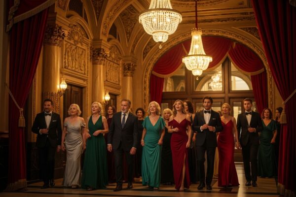 Różnorodna grupa osób w eleganckich strojach wchodzi do historycznego teatru o bogatej architekturze