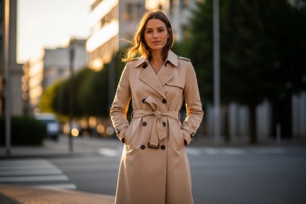Kobieta w beżowym płaszczu trencz stoi pewnie na ulicy w ciepłym świetle miasta podczas golden hour
