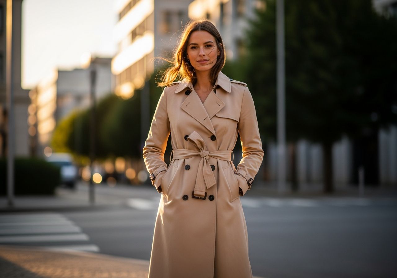 Kobieta w beżowym płaszczu trencz stoi pewnie na ulicy w ciepłym świetle miasta podczas golden hour