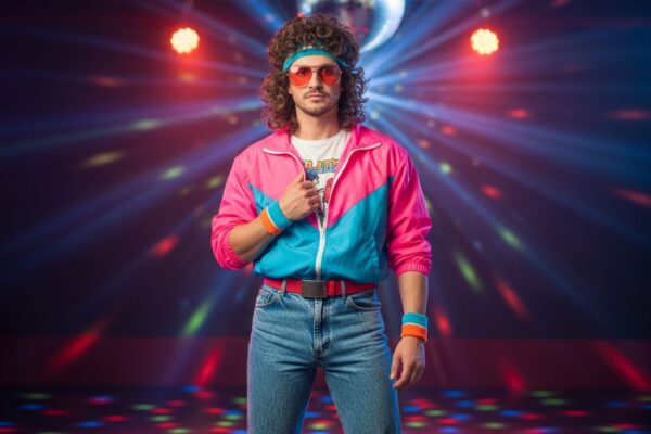 Mężczyzna w stroju z lat 80. w klubie disco z kolorowymi światłami i kulą dyskotekową