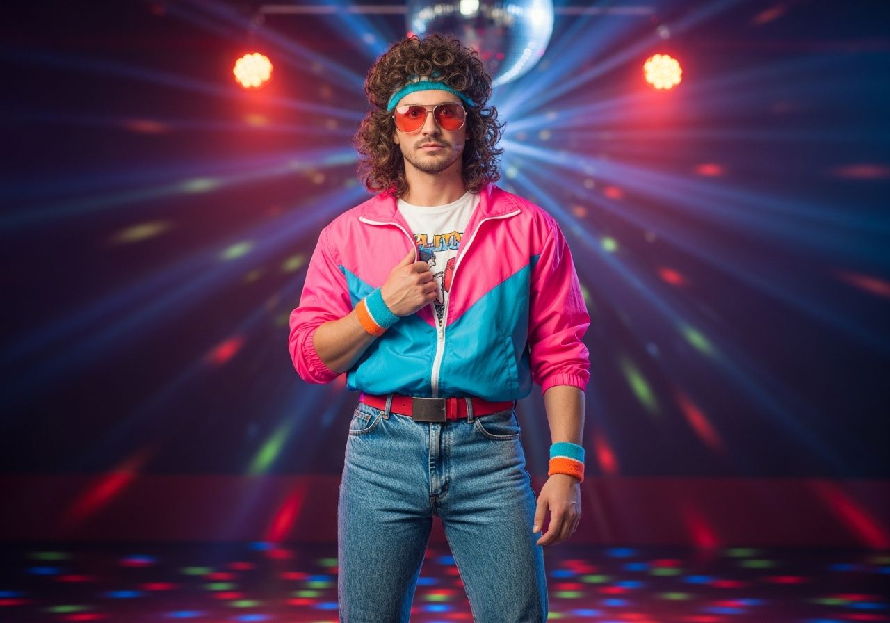 Mężczyzna w stroju z lat 80. w klubie disco z kolorowymi światłami i kulą dyskotekową