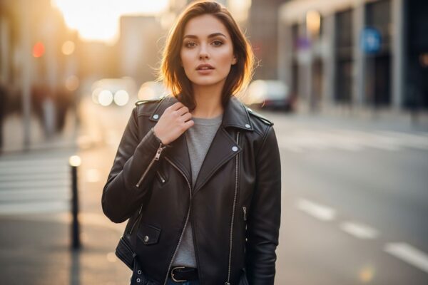 Młoda kobieta w czarnej skórzanej kurtce motocyklowej na miejskiej ulicy przy ciepłym, naturalnym świetle