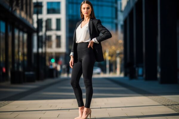 Młoda kobieta w leginsach i marynarce stoi pewnie na tle miejskiej ulicy w naturalnym świetle.