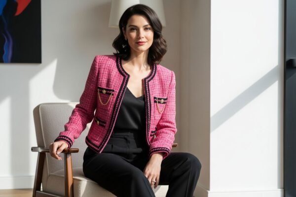 Kobieta w klasycznej marynarce Chanel siedzi elegancko na vintage fotelu w jasnym, nowoczesnym wnętrzu.