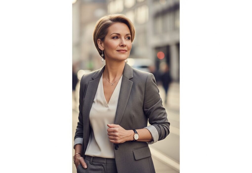 Stylowa kobieta około pięćdziesiątki w nowoczesnym ubraniu na miejskiej ulicy, pewna siebie i uśmiechnięta