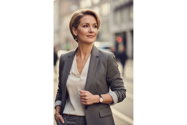 Stylowa kobieta około pięćdziesiątki w nowoczesnym ubraniu na miejskiej ulicy, pewna siebie i uśmiechnięta