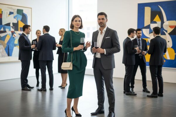 Elegancka para rozmawia na otwarciu galerii sztuki współczesnej, trzymając kieliszki wina.