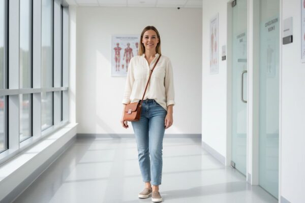 Młoda kobieta stoi w jasnym korytarzu kliniki medycznej, ma torebkę i ubrana jest wygodnie.