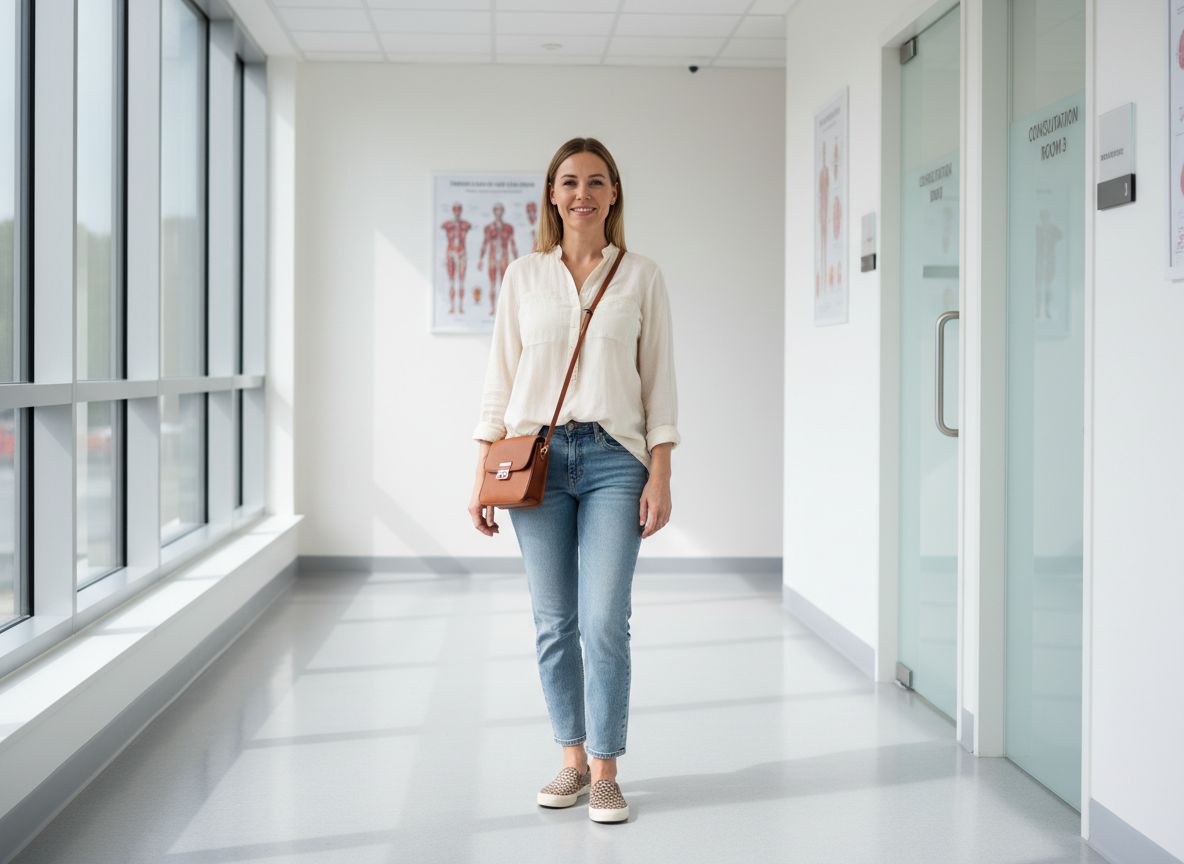Młoda kobieta stoi w jasnym korytarzu kliniki medycznej, ma torebkę i ubrana jest wygodnie.