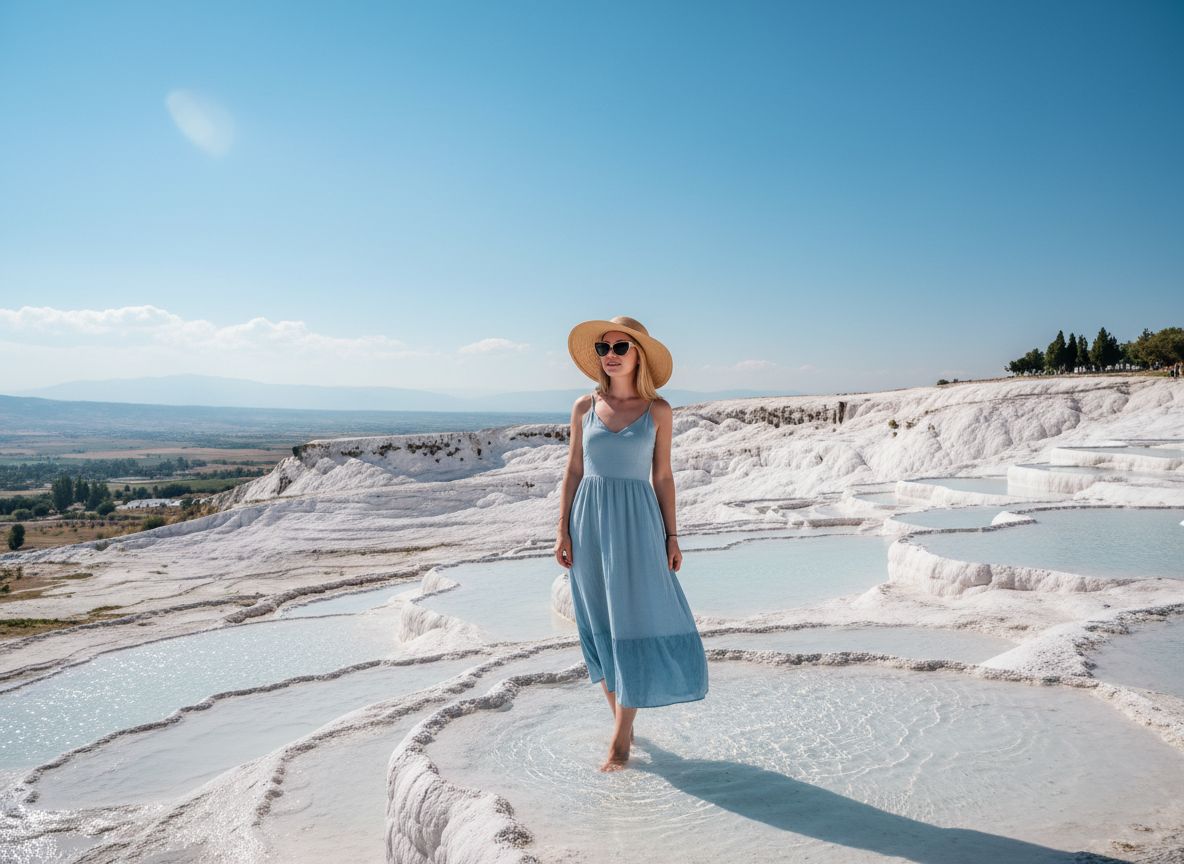 Kobieta na tarasach Pamukkale w czterech porach roku w praktycznych ubraniach dostosowanych do warunków.
