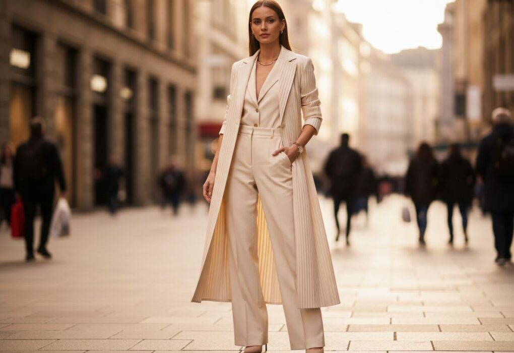 Kobieta w eleganckim garniturze stoi na miejskiej ulicy, naturalne światło, rozmyte tło.