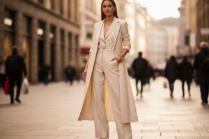 Kobieta w eleganckim garniturze stoi na miejskiej ulicy, naturalne światło, rozmyte tło.