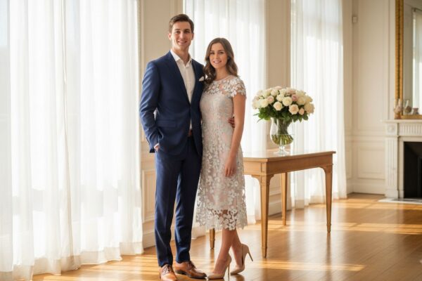 Młoda para ubrana elegancko stoi obok siebie w jasnym wnętrzu z dużymi oknami i kwiatami