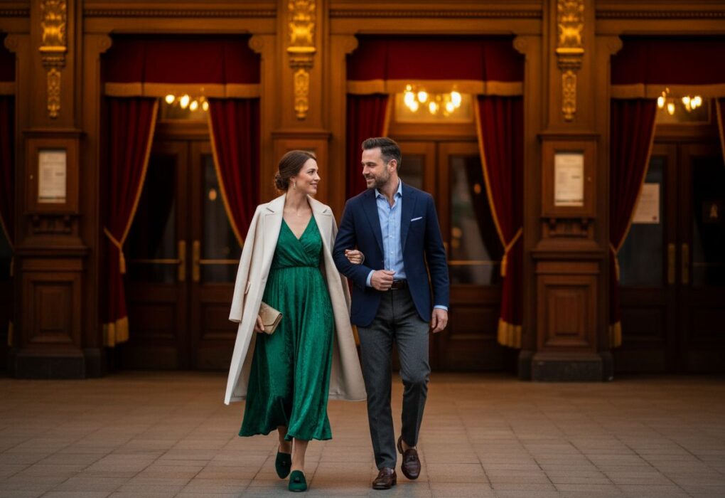 Elegancko ubrana para przed wejściem do zabytkowego teatru o zmierzchu.