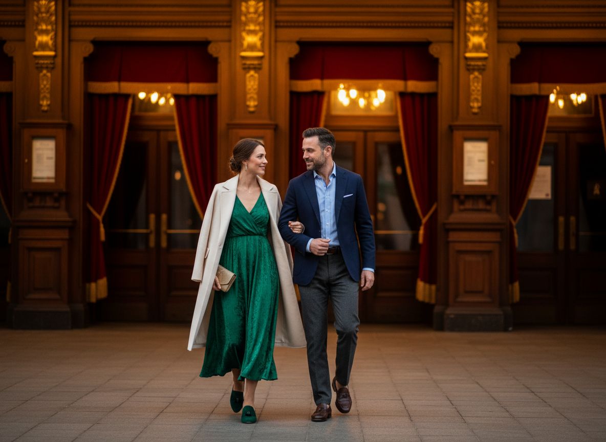 Elegancko ubrana para przed wejściem do zabytkowego teatru o zmierzchu.